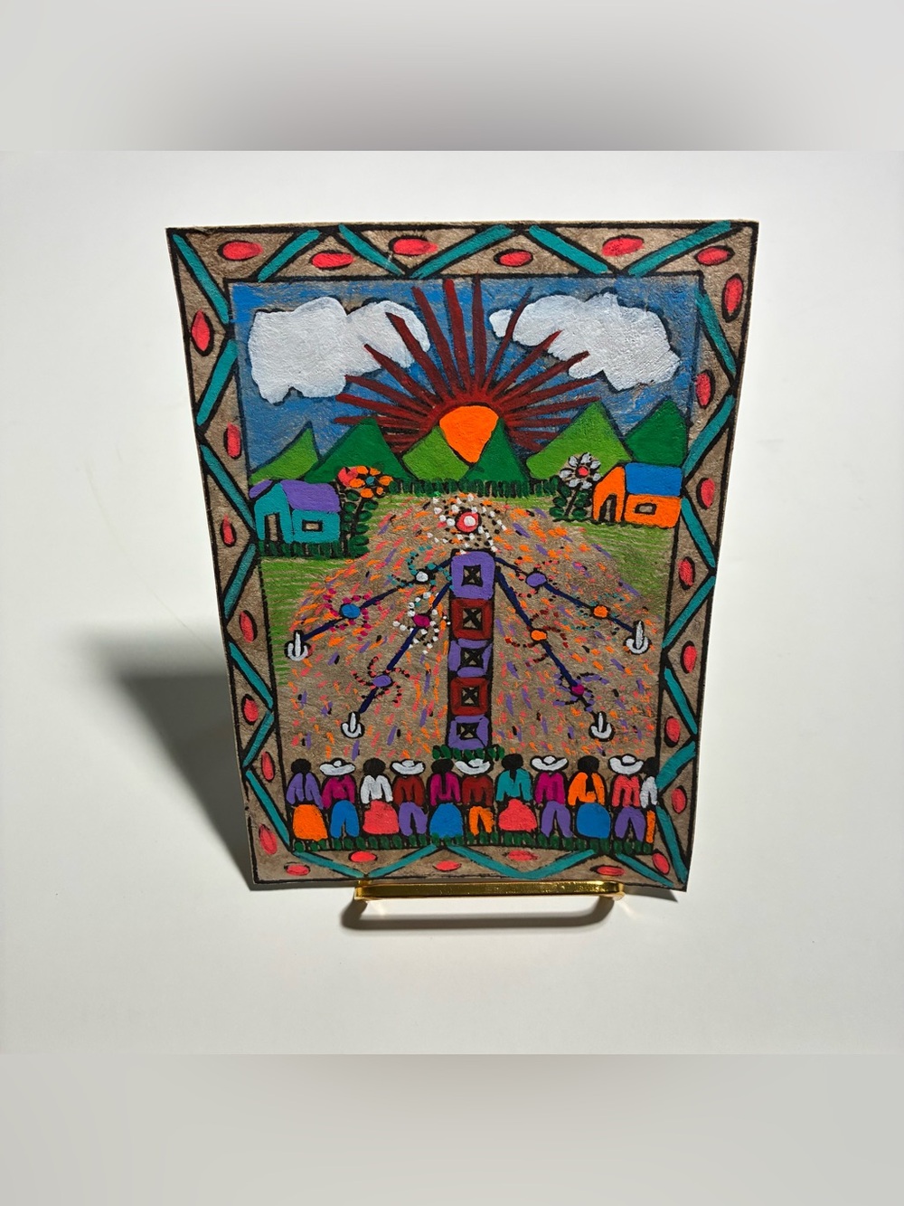 Mexican Folk Art Acrylic Painting on Amate Bark Paper 5x7" Vibrant Village